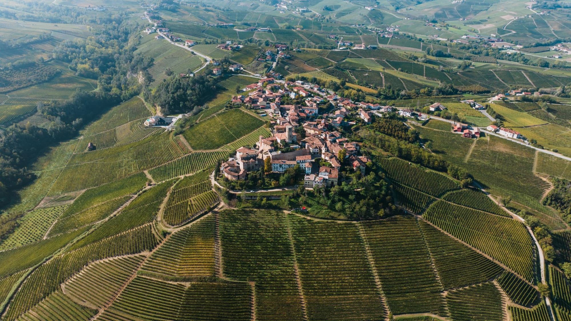 Stunning aerial view of Castiglione Falletto town and vineyards in Piedmont, Italy.