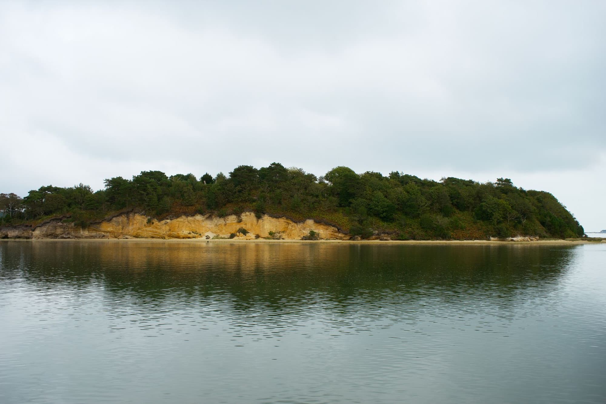 Serene island landscape reflection in calm waters near Poole, UK