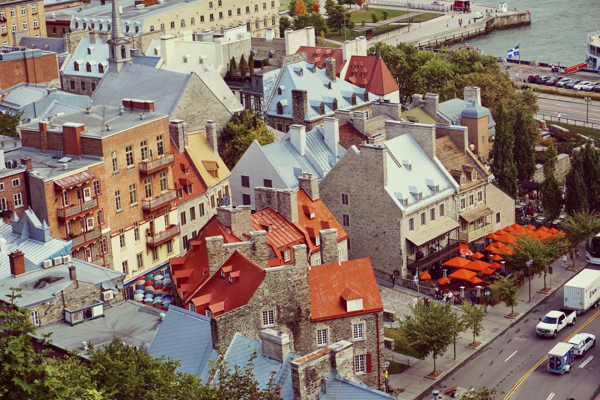 A picturesque aerial shot of Old Québec City's historic rooftops, showcasing the unique architecture.