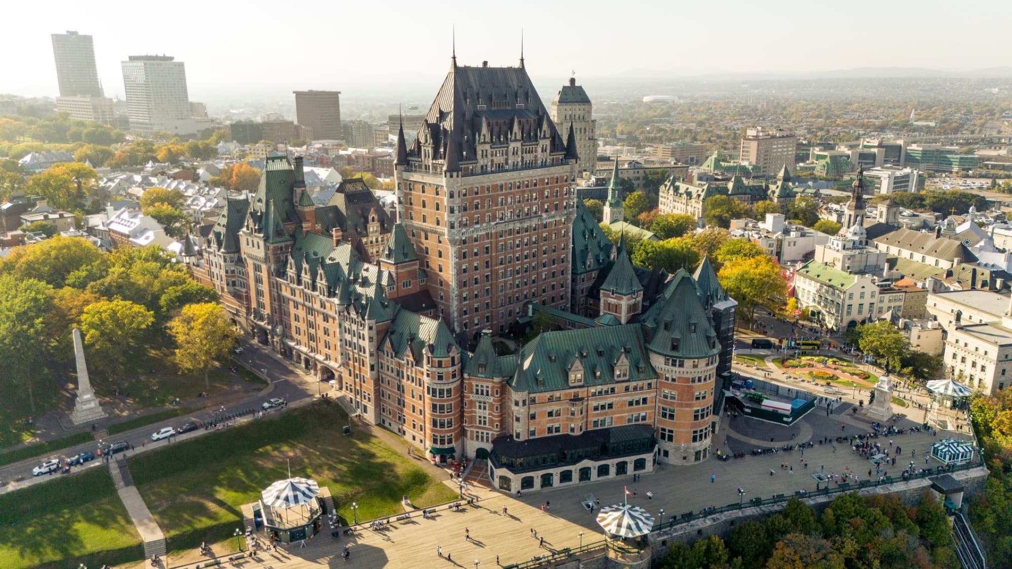 A breathtaking aerial view of the iconic Château Frontenac in Quebec City.