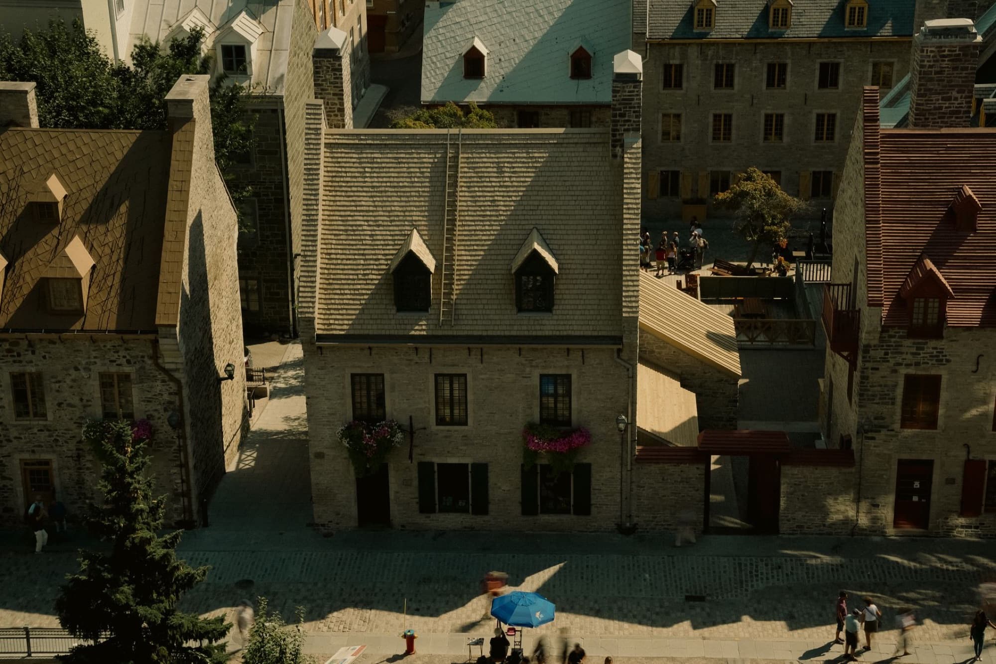 Aerial view of charming historic houses in Place Royale, Quebec City, Canada.