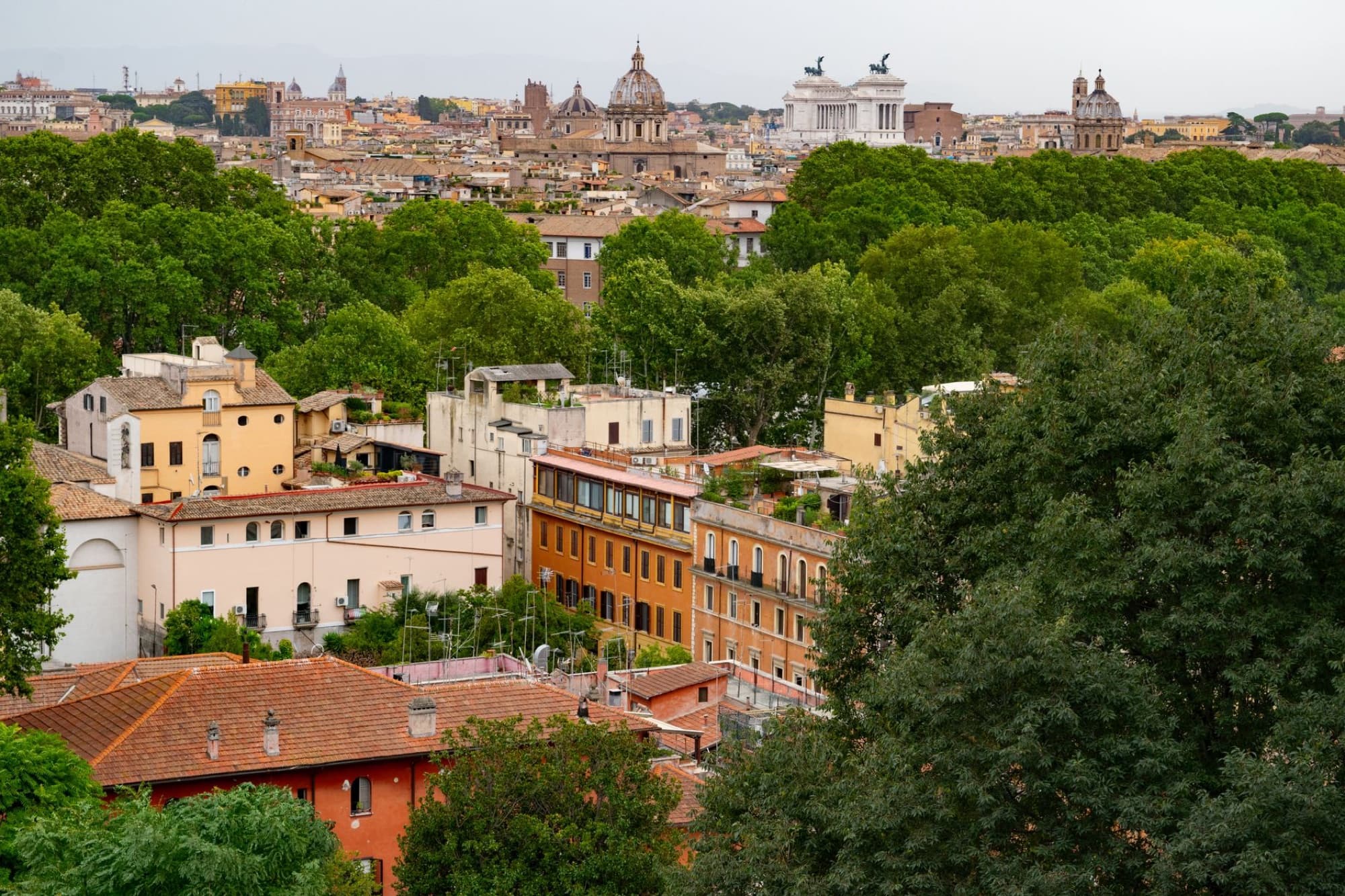 Beautiful aerial view of Rome's skyline featuring historic architecture and lush greenery, showcasing iconic landmarks.