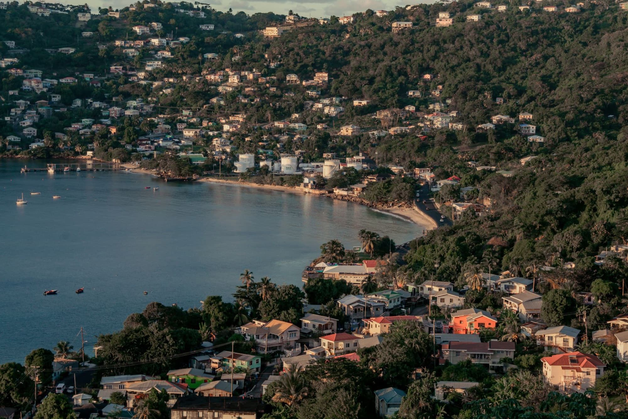 Beautiful aerial view of Grenada's lush coastline with vibrant houses and serene bay.