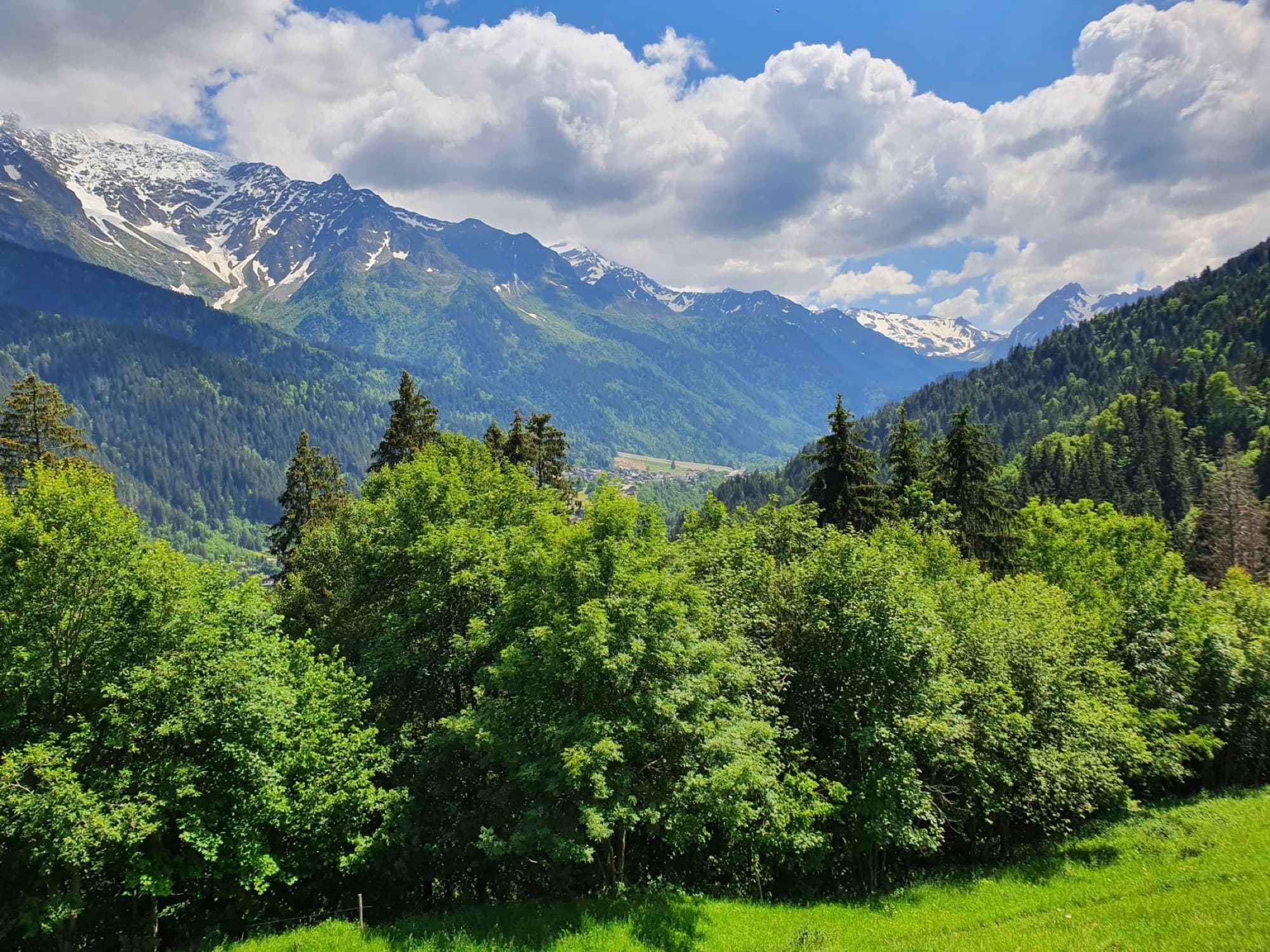 Lush green landscape with mountain peaks and blue sky in Saint-Gervais-les-Bains, France.