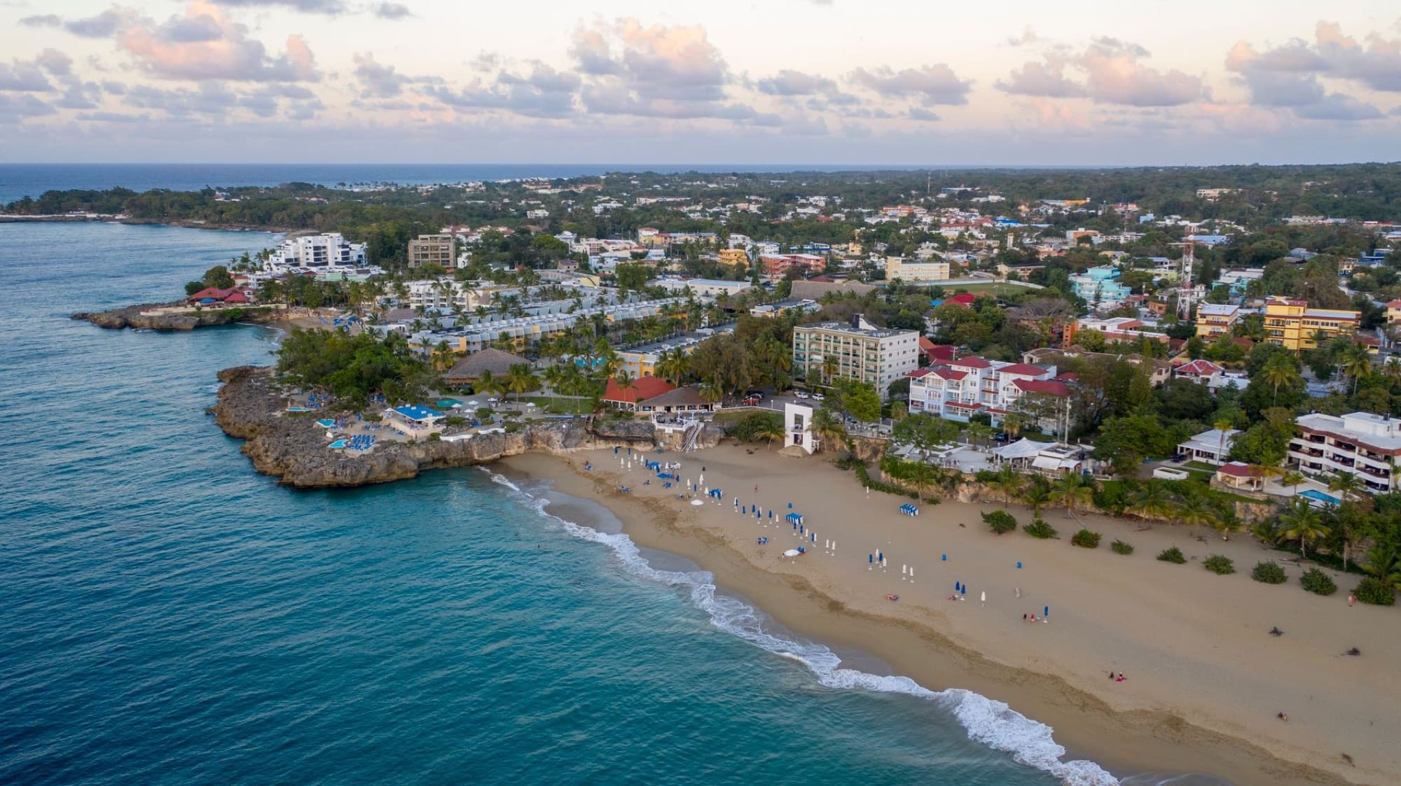 Stunning aerial view of Sosúa Beach and town in Puerto Plata, Dominican Republic.