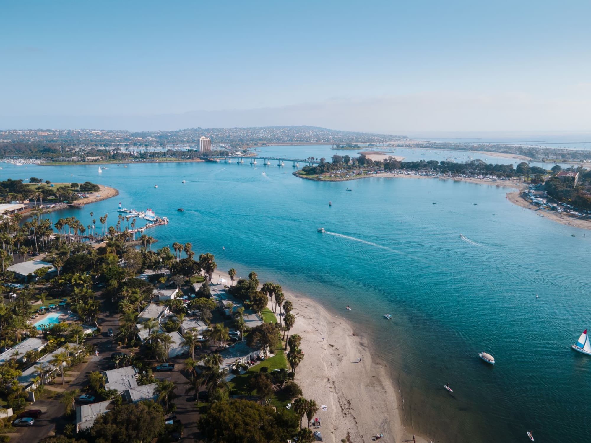 Stunning aerial photograph capturing Mission Bay's turquoise waters and surrounding landscape in San Diego.