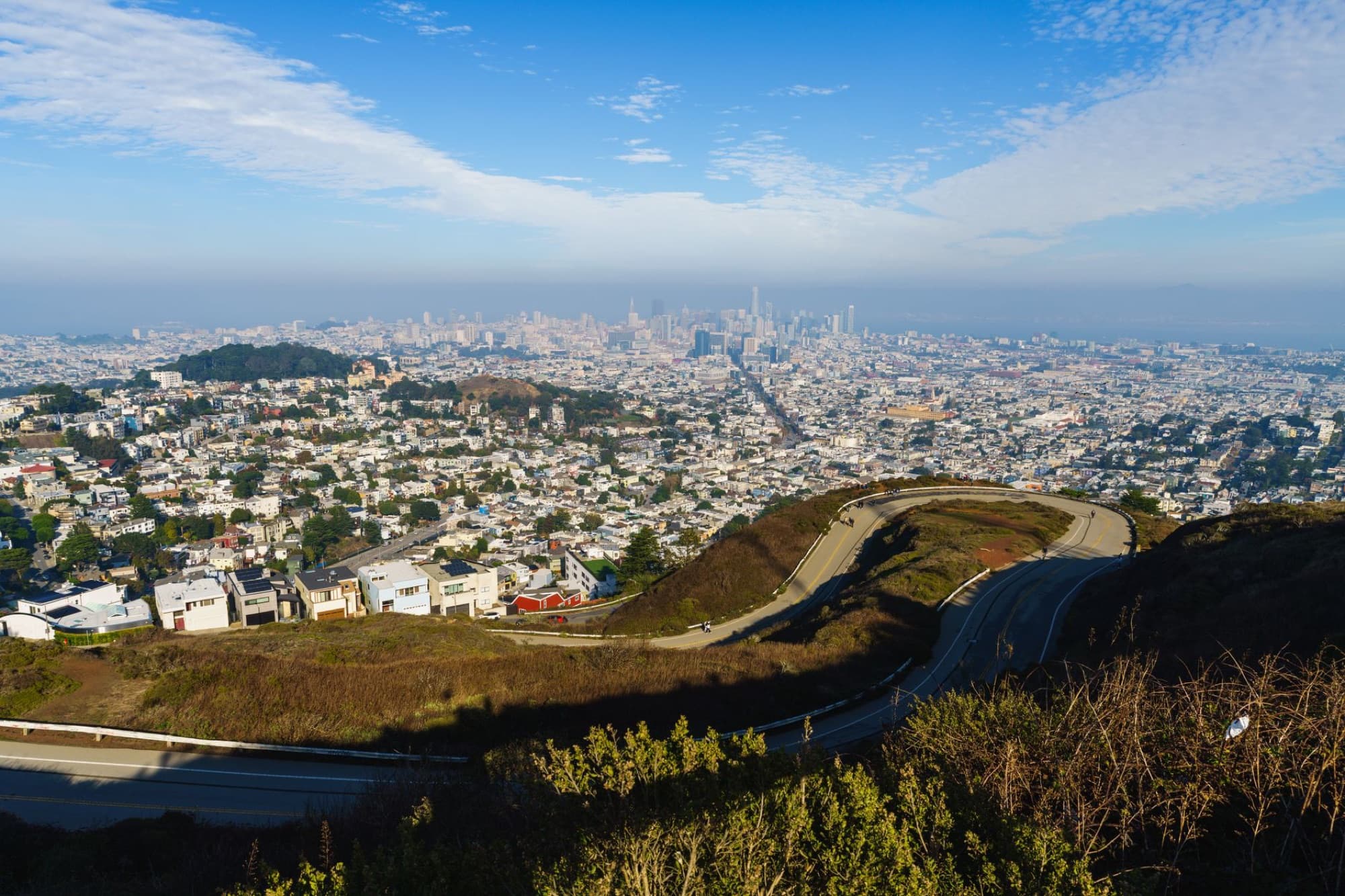 A breathtaking aerial view of San Francisco's skyline and urban landscape seen from Twin Peaks.