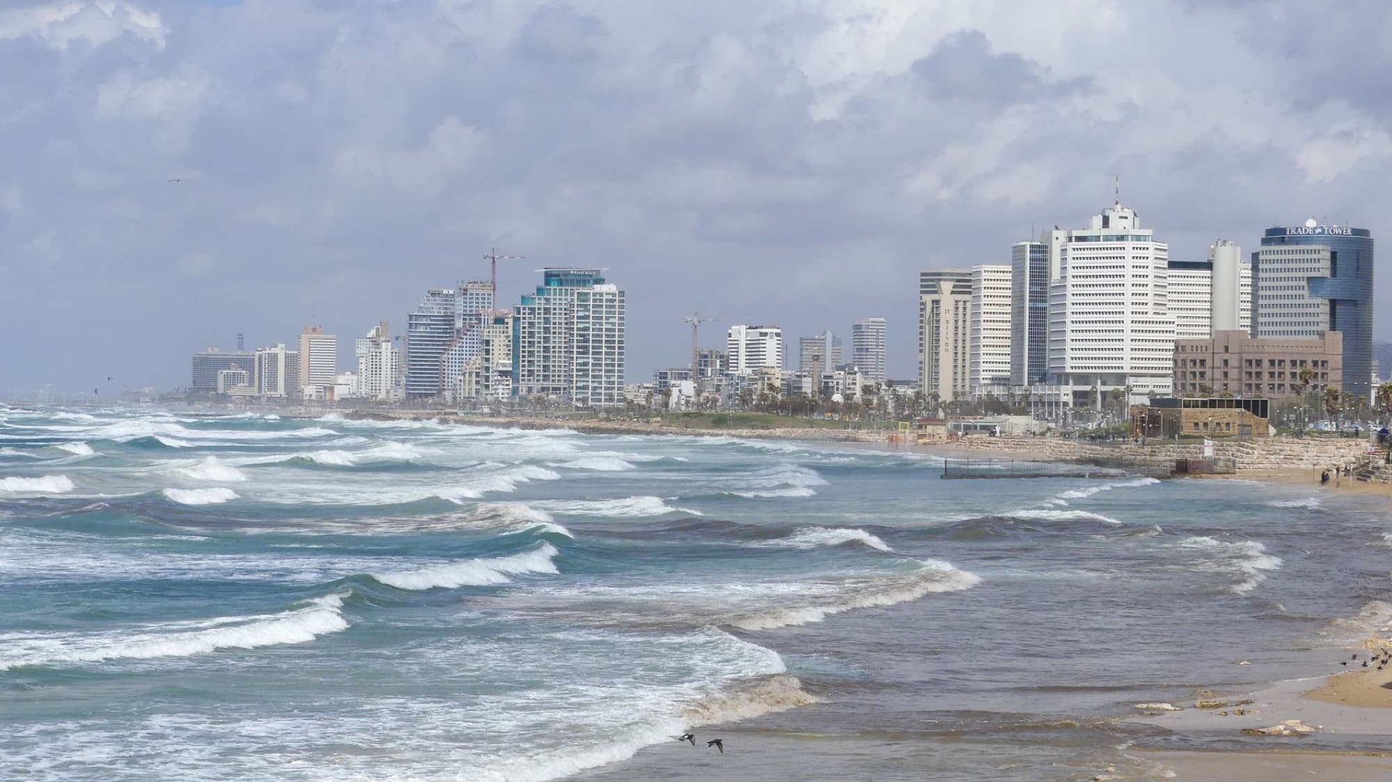 Waves crashing along the Tel Aviv shoreline with a view of modern skyscrapers under a cloudy sky.
