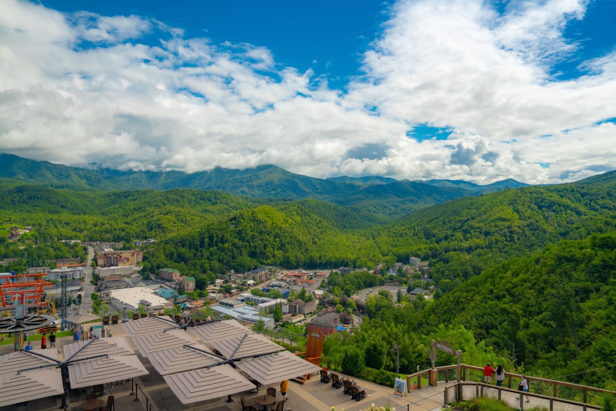 Breathtaking aerial view of lush Smoky Mountains and Gatlinburg cityscape during summer.