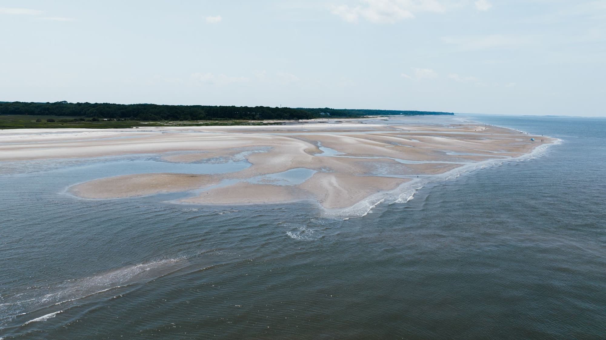 Scenic aerial view of tidal flats and coastline at Hilton Head Island, South Carolina.