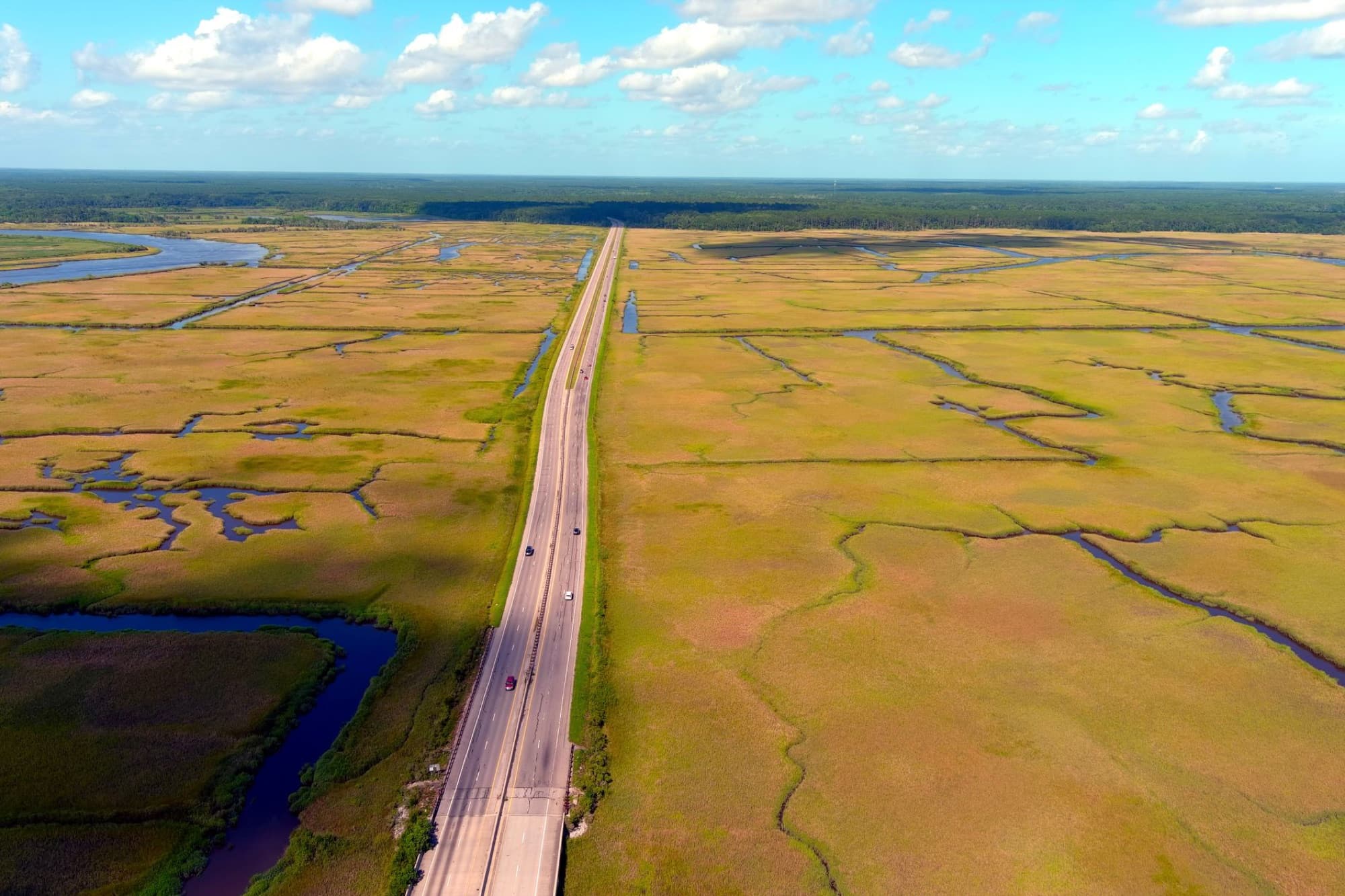 Aerial image of a highway cutting through expansive marshlands under a blue sky in South Carolina.