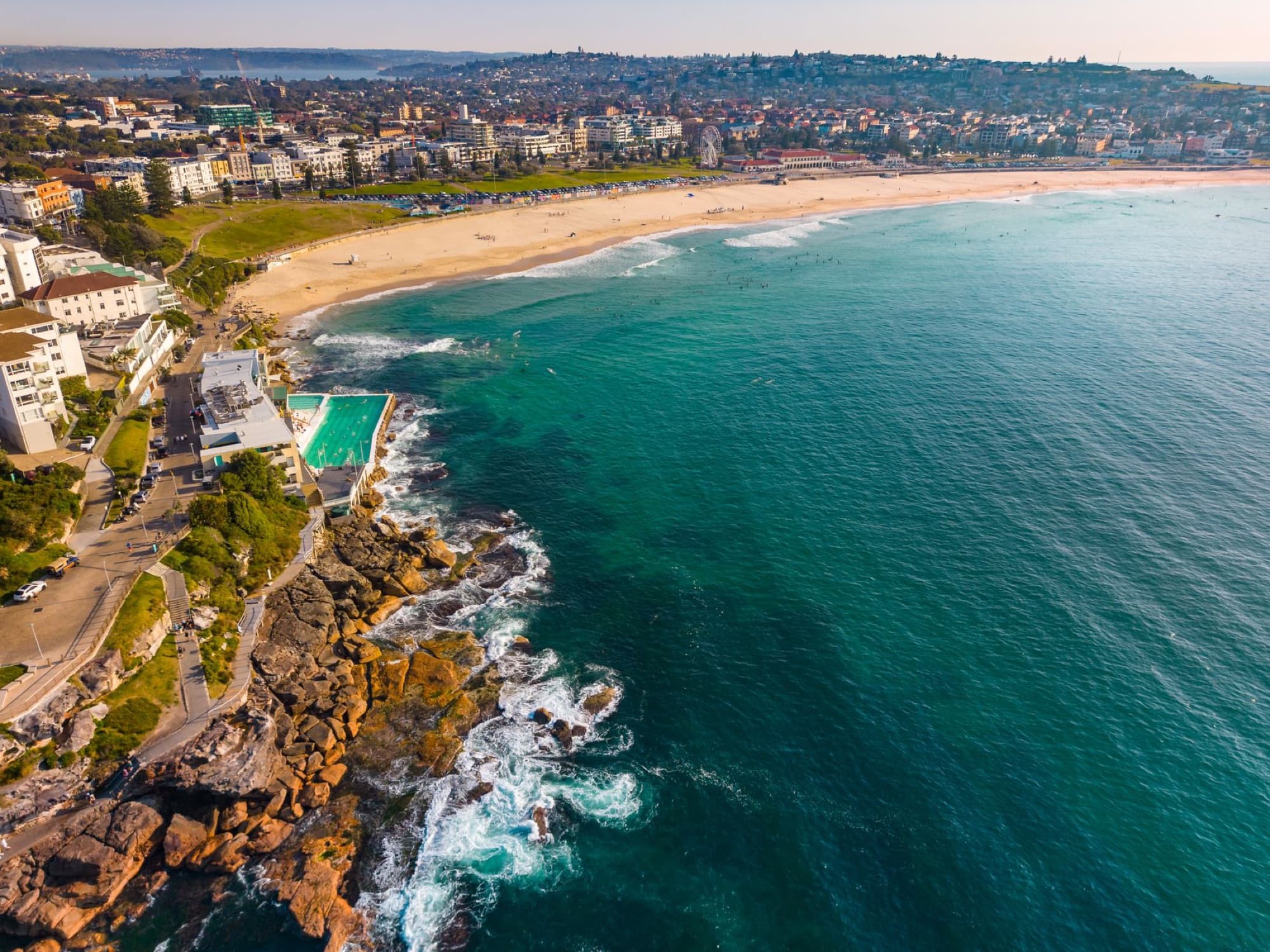 A breathtaking aerial view of Bondi Beach, NSW, Australia, showcasing the vibrant coastline and cityscape.