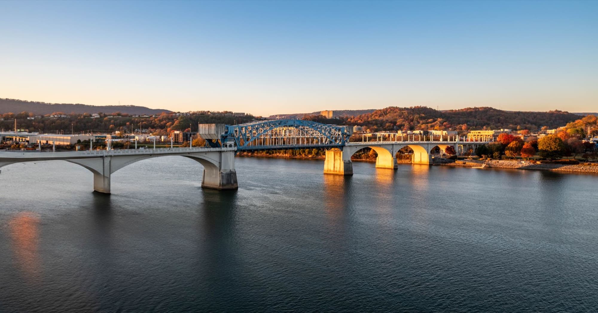 Aerial view of Market Street Bridge in Chattanooga, Tennessee during sunset.