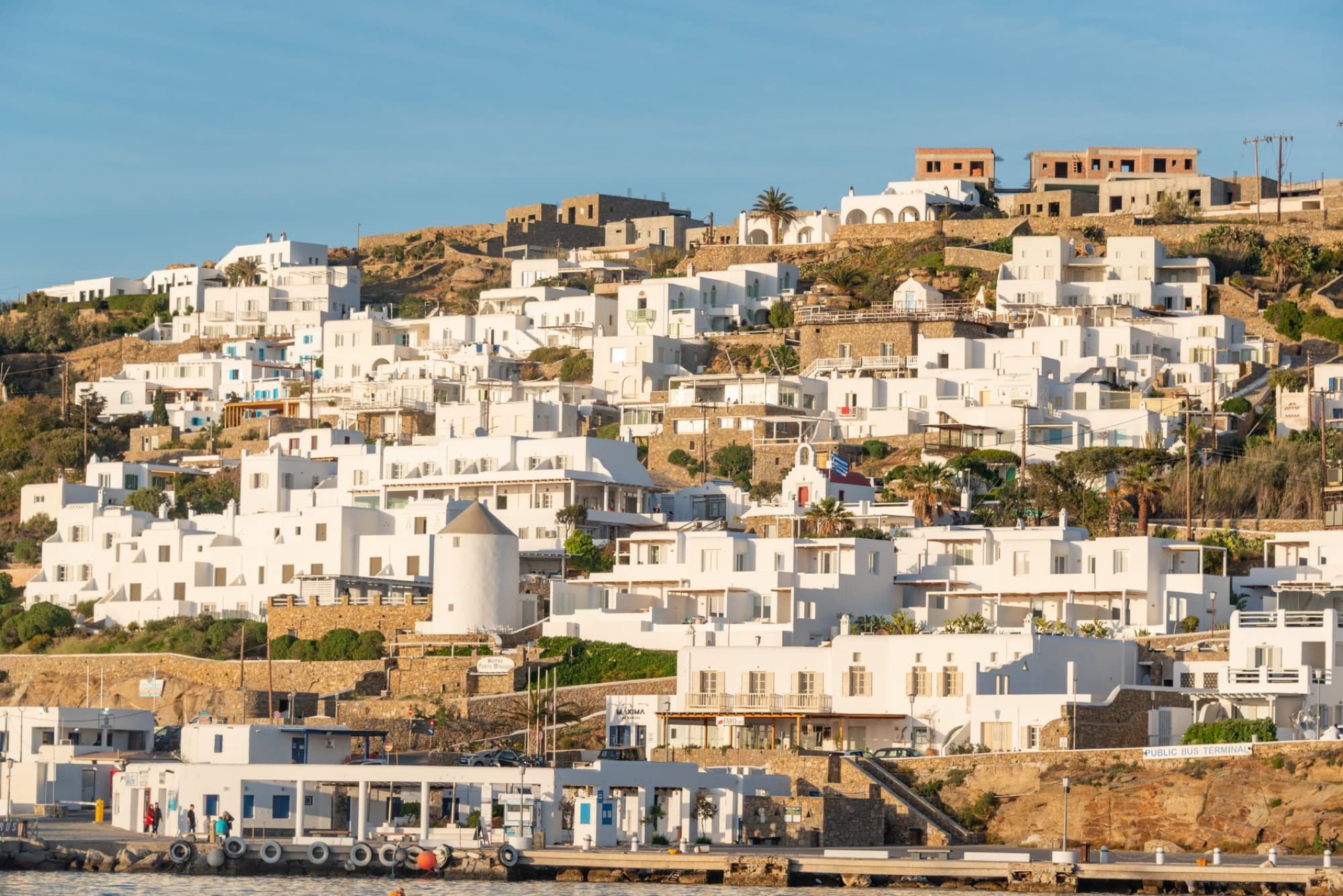 Scenic view of traditional white homes on a Greek island during daytime.