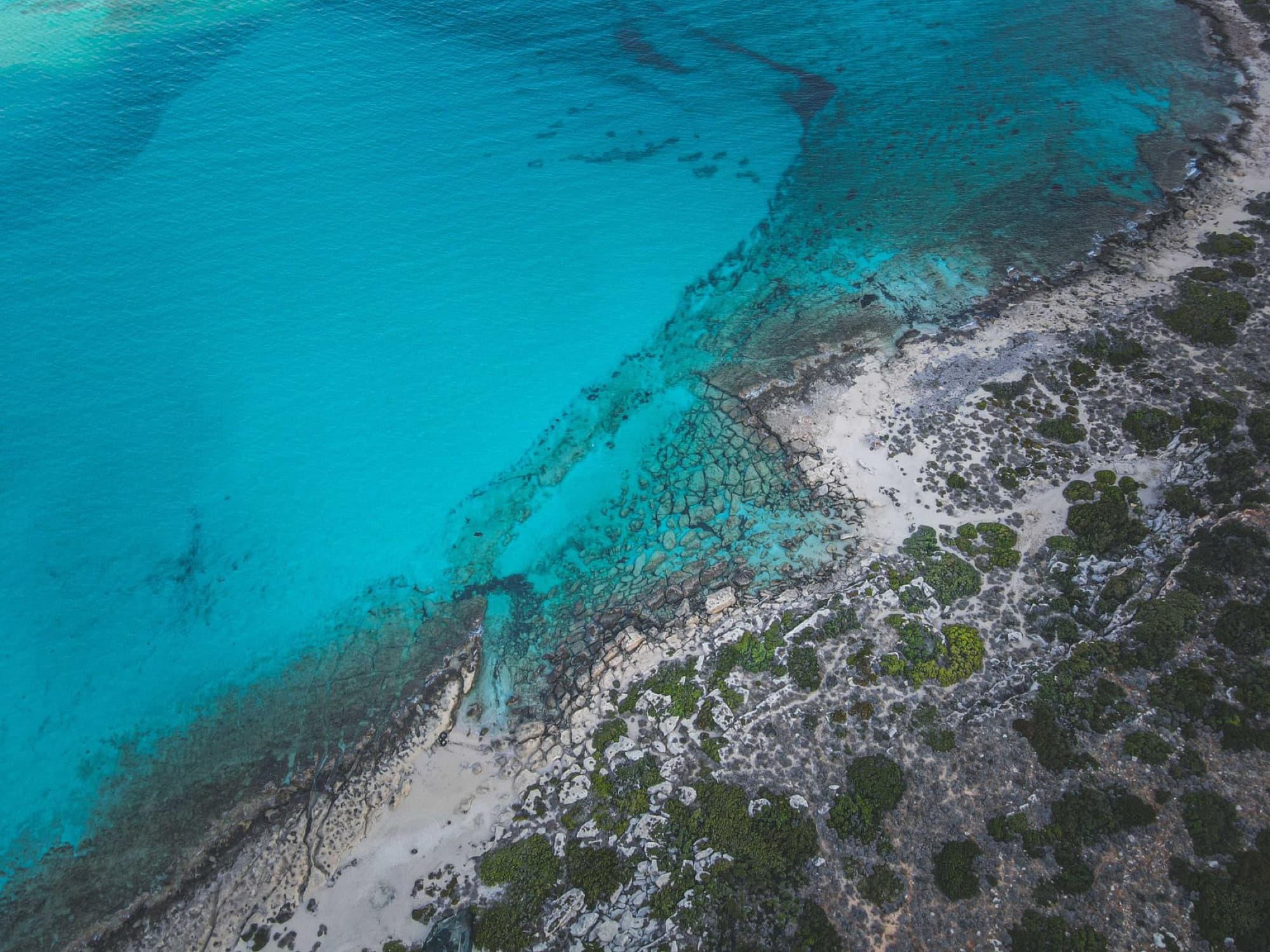 Stunning aerial view of a turquoise coastline with clear blue waters and rocky shoreline.