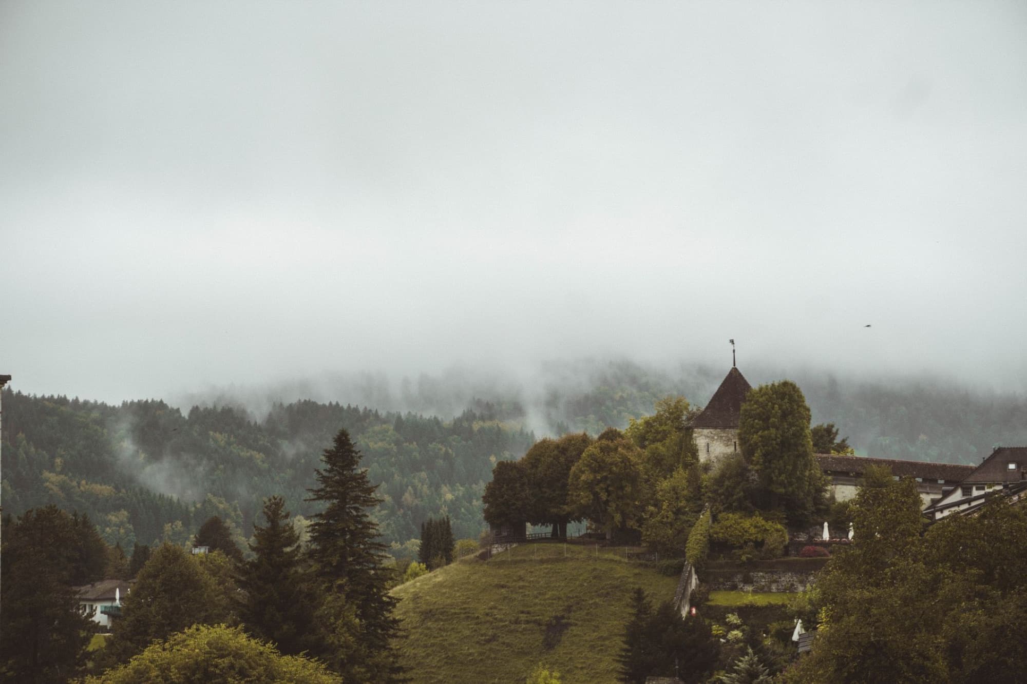 Misty landscape with Gruyères Castle amidst green hills and forested mountains, Switzerland.