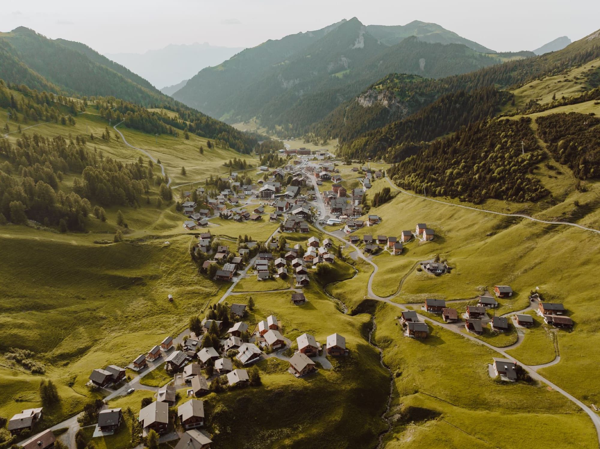 Stunning aerial shot of Malbun village nestled in the Liechtenstein Alps.