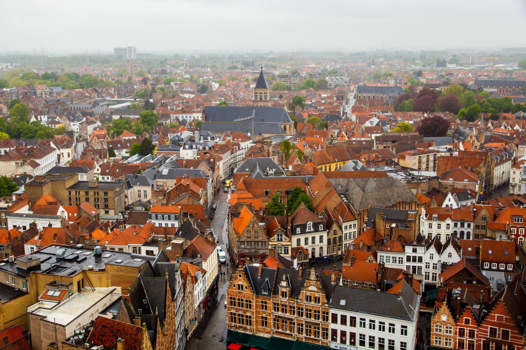 Aerial photograph capturing the scenic overview of a red-roofed historic European town under a cloudy sky.