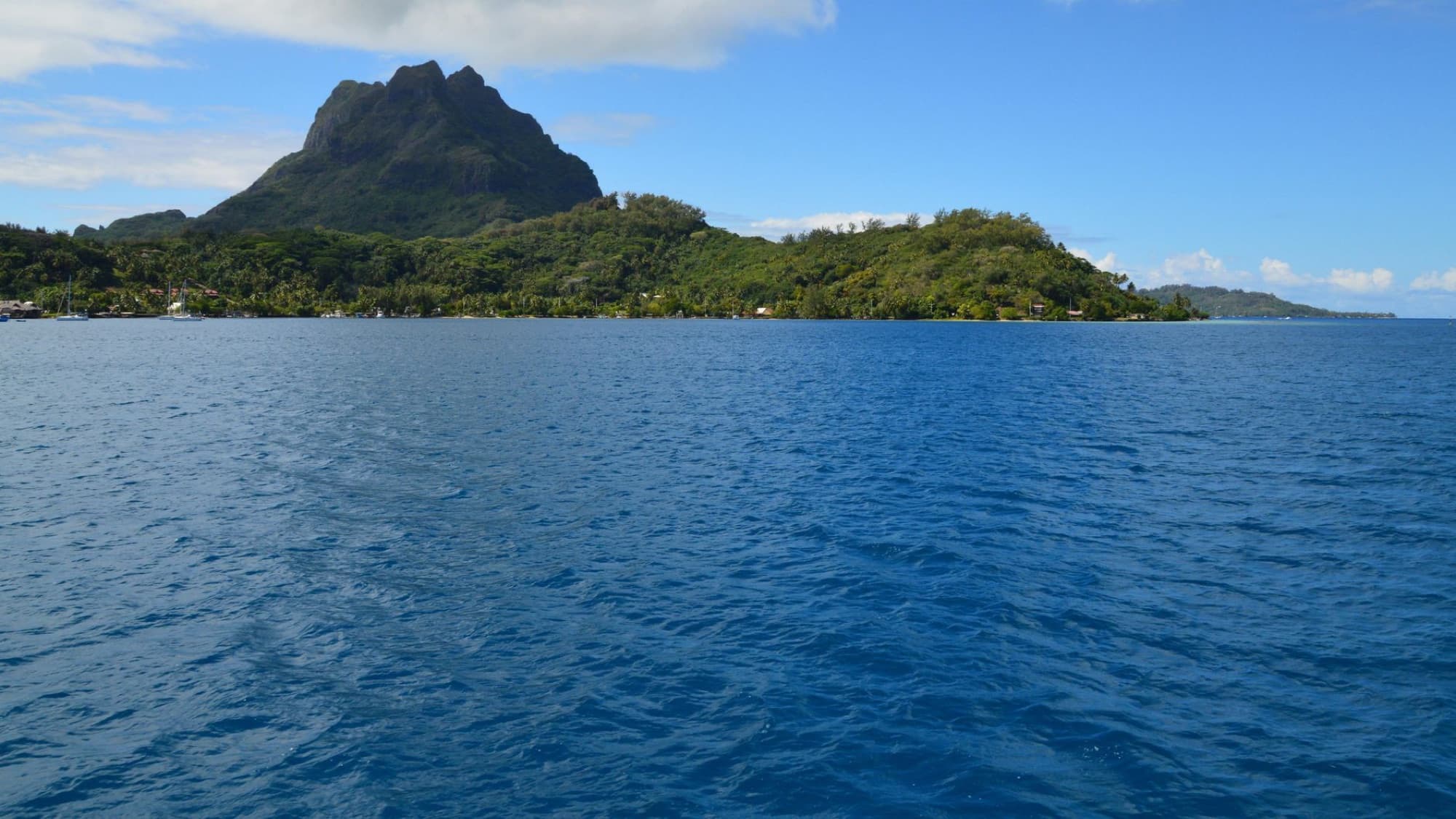 Stunning view of lush island landscape with mountain and blue ocean under a clear sky.